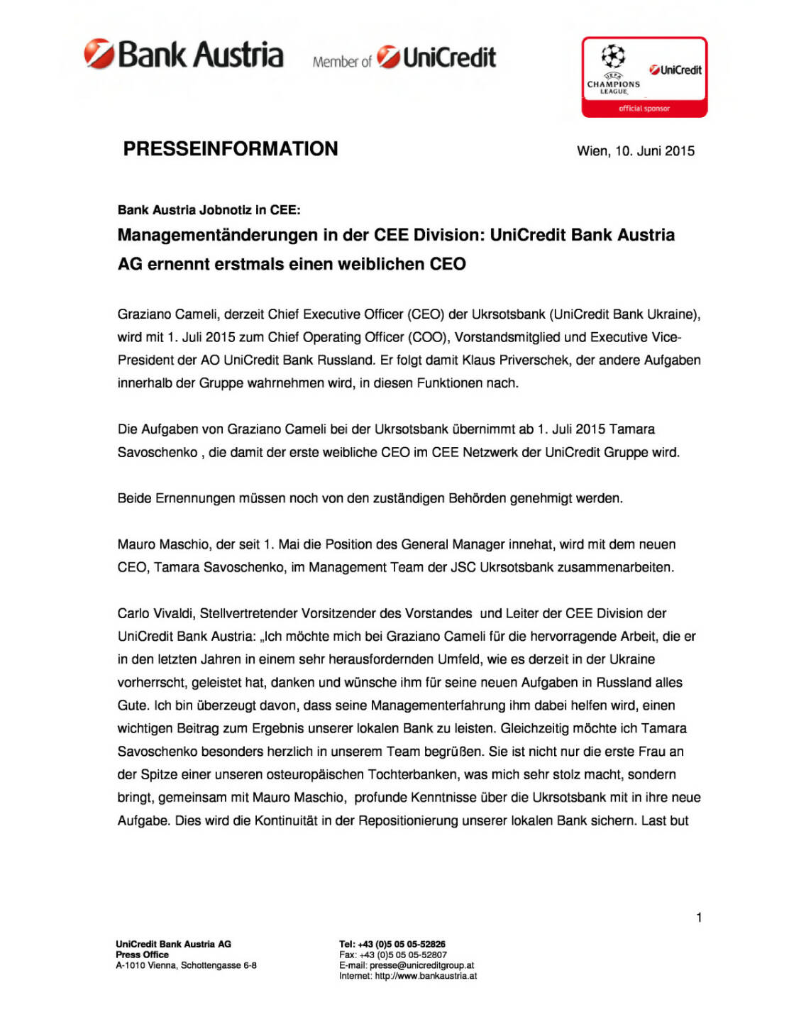 UniCredit Bank Austria AG ernennt erstmals einen weiblichen CEO, Seite 1/2, komplettes Dokument unter http://boerse-social.com/static/uploads/file_115_unicredit_cee.pdf