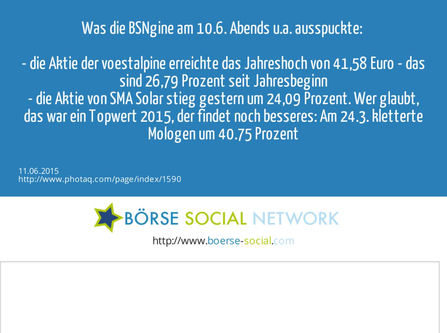 Was die BSNgine am 10.6. Abends u.a. ausspuckte: <br><br>- die Aktie der voestalpine erreichte das Jahreshoch von 41,58 Euro - das sind 26,79 Prozent seit Jahresbeginn<br>- die Aktie von SMA Solar stieg gestern um 24,09 Prozent. Wer glaubt, das war ein Topwert 2015, der findet noch besseres: Am 24.3. kletterte Mologen um 40.75 Prozent; Medigene am gleichen Tag um 39.03 Prozent<br>- auch das gestrige 21,12-Prozent Minus von ams wurde 2015 schon getoppt: Am 19.5. verlor Yingli Green 36,91 Prozent<br><br>- viel mehr unter http://www.boerse-social.com  