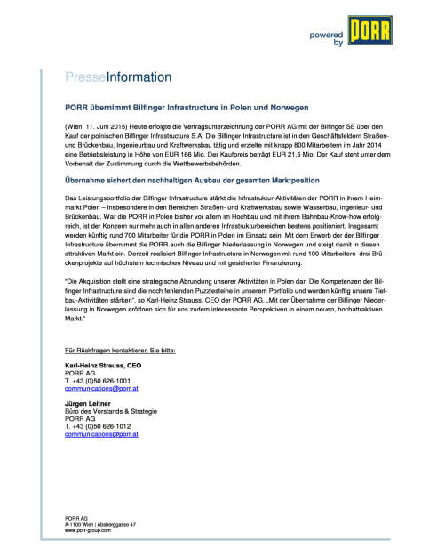 Porr übernimmt Bilfinger Infrastructure in Polen und Norwegen, Seite 1/1, komplettes Dokument unter http://boerse-social.com/static/uploads/file_118_porr_bilfinger.pdf (11.06.2015) 