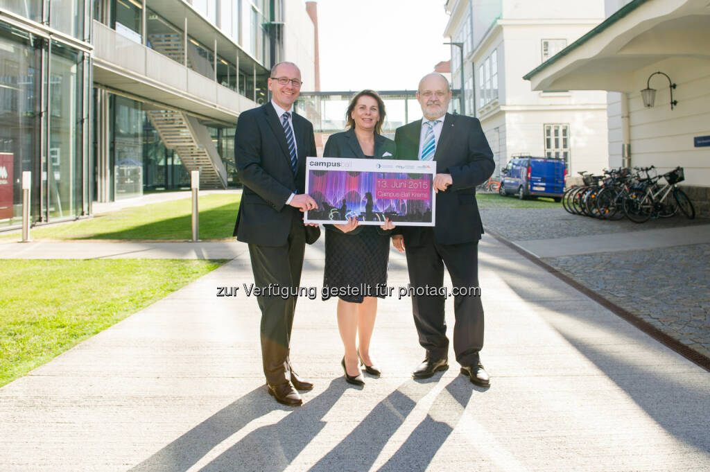 Friedrich Faulhammer, Rektor der Donau-Universität Krems, Ulrike Prommer, Geschäftsführerin der IMC Fachhochschule Krems und Rudolf Mallinger, Rektor der Karl Landsteiner Privatuniversität für Gesundheitswissenschaften freuen sich auf den ersten gemeinsamen Campus-Ball Krems: Campus-Ball Krems: Campus-Ball Krems: Prominente Gäste aus Bildung, Forschung und Kultur, © IMC FH Krems/Michael Parak
, © Aussender (12.06.2015) 