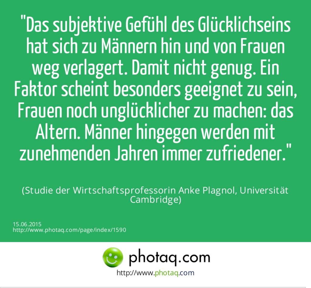 Das subjektive Gefühl des Glücklichseins hat sich zu Männern hin und von Frauen weg verlagert. Damit nicht genug. Ein Faktor scheint besonders geeignet zu sein, Frauen noch unglücklicher zu machen: das Altern. Männer hingegen werden mit zunehmenden Jahren immer zufriedener.<br><br> (Studie der Wirtschaftsprofessorin Anke Plagnol, Universität Cambridge) (15.06.2015) 