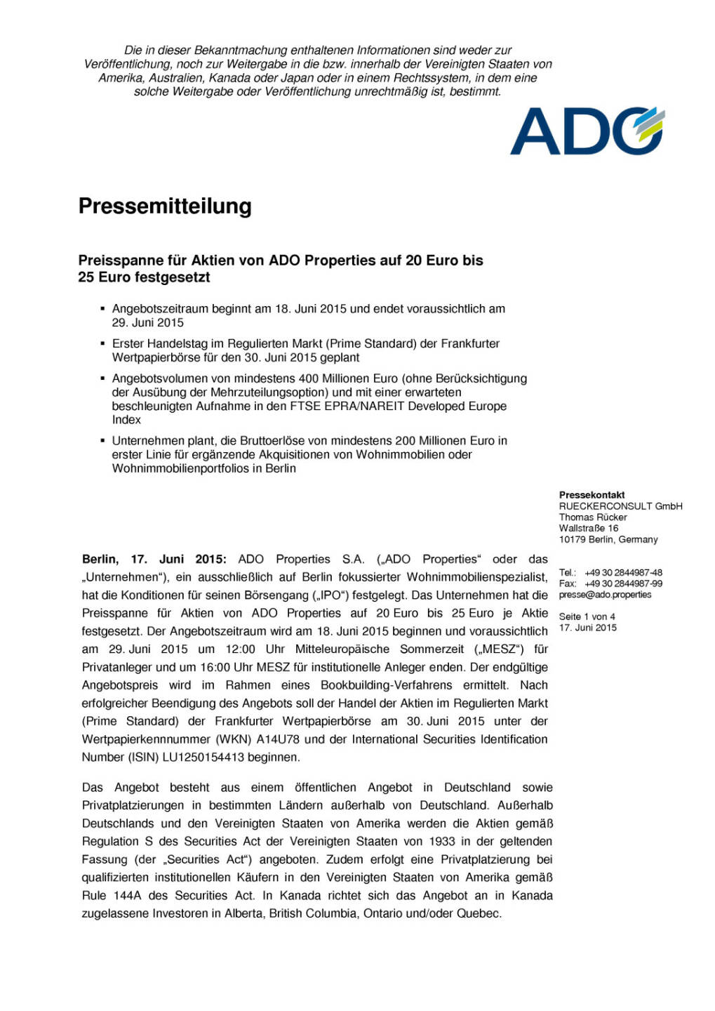 Preisspanne für Aktien von ADO Properties auf 20 Euro bis 25 Euro festgesetzt, Seite 1/4, komplettes Dokument unter http://boerse-social.com/static/uploads/file_136_ado_properties.pdf