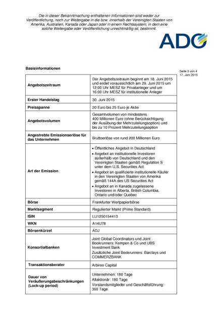 Preisspanne für Aktien von ADO Properties auf 20 Euro bis 25 Euro festgesetzt, Seite 3/4, komplettes Dokument unter http://boerse-social.com/static/uploads/file_136_ado_properties.pdf (17.06.2015) 