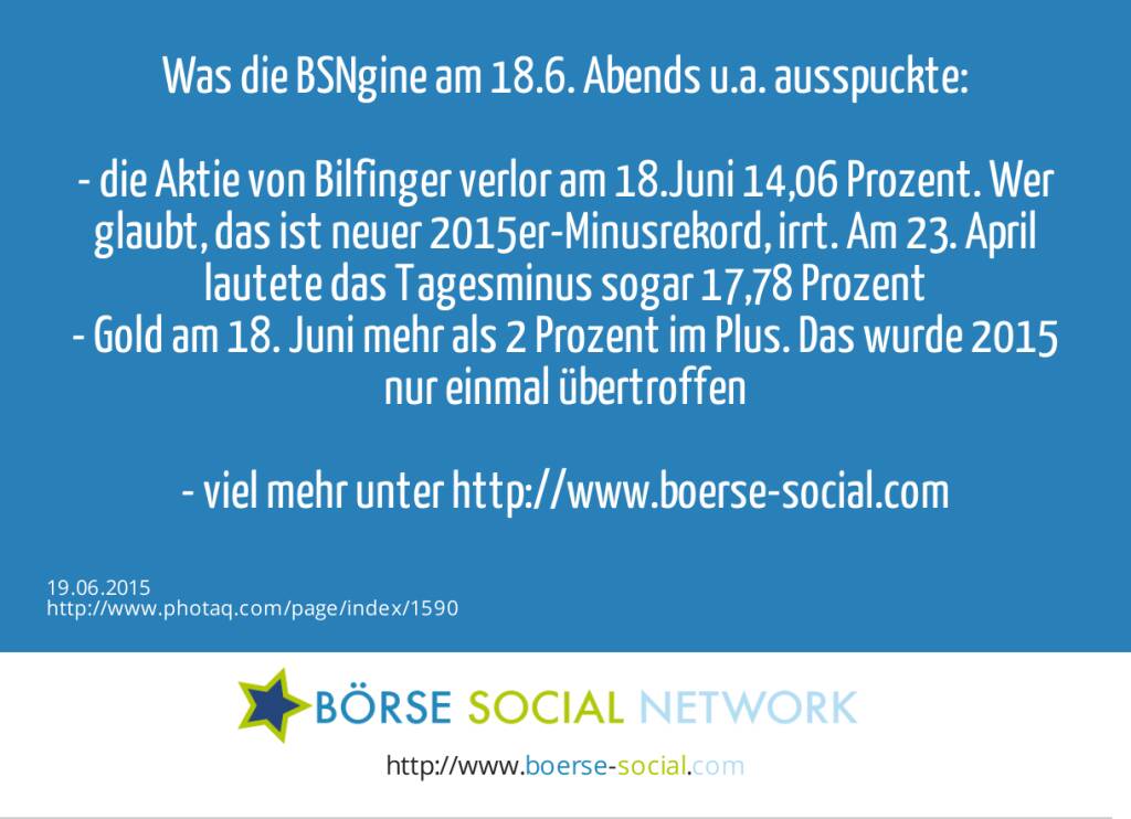 Was die BSNgine am 18.6. Abends u.a. ausspuckte:&nbsp;<br><br>- die Aktie von Bilfinger verlor am 18.Juni 14,06 Prozent. Wer glaubt, das ist neuer 2015er-Minusrekord, irrt. Am 23. April lautete das Tagesminus sogar 17,78 Prozent<br>- Gold am 18. Juni mehr als 2 Prozent im Plus. Das wurde 2015 nur einmal übertroffen<br><br>- viel mehr unter http://www.boerse-social.com&nbsp;<br>  (19.06.2015) 