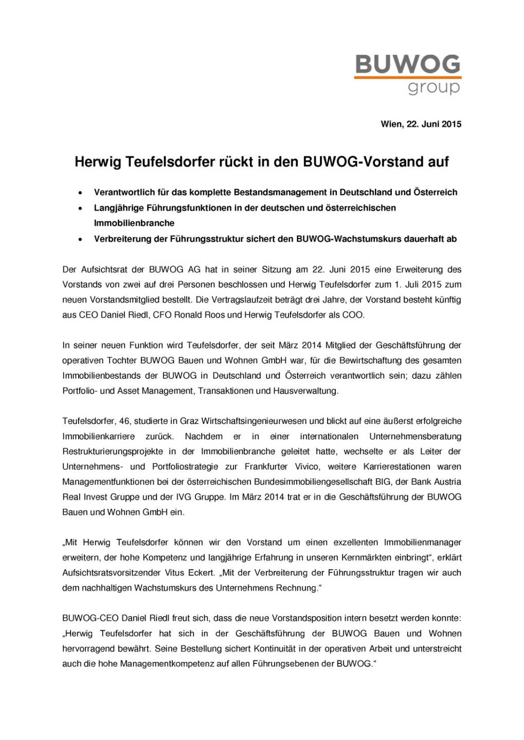 Buwog Group: Herwig Teufelsdorfer neu im Vorstand, Seite 1/2, komplettes Dokument unter http://boerse-social.com/static/uploads/file_153_buwog_group_teufelsdorfer.pdf