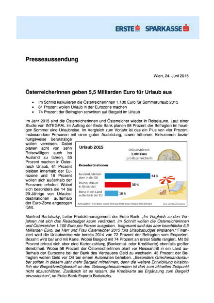 Erste: ÖsterreicherInnen geben 5,5 Milliarden Euro für Urlaub aus, Seite 1/4, komplettes Dokument unter http://boerse-social.com/static/uploads/file_163_erste_group_urlaub.pdf (24.06.2015) 