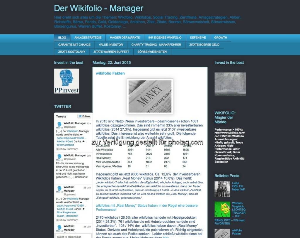 Der Wikifolio - Manager - http://ppinvest-blog.blogspot.co.at, © beigestellt (30.06.2015) 