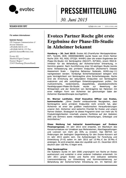 Evotecs Partner Roche mit Alzheimer-Ergebnissen, Seite 1/2, komplettes Dokument unter http://boerse-social.com/static/uploads/file_188_evotec_roche.pdf (30.06.2015) 