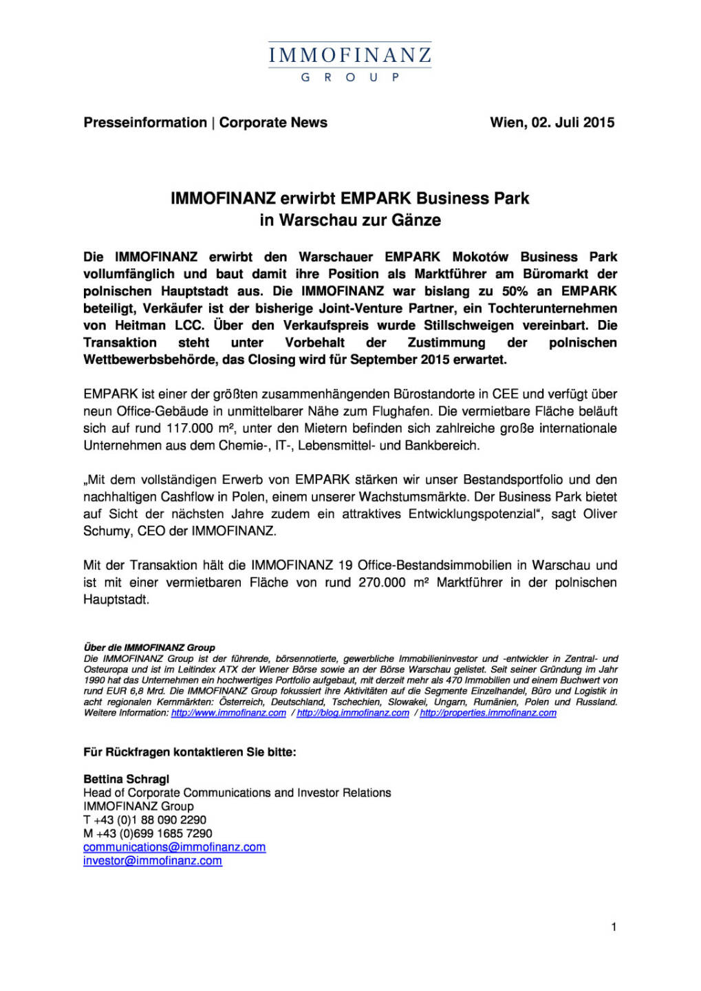 Immofinanz erwirbt Empark in Warschau , Seite 1/1, komplettes Dokument unter http://boerse-social.com/static/uploads/file_198_immofinanz_warschau.pdf