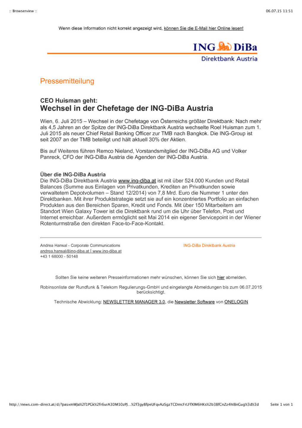 Wechsel in der Chefetage der ING-DiBa Austria, Seite 1/1, komplettes Dokument unter http://boerse-social.com/static/uploads/file_206_ing-diba_austria.pdf