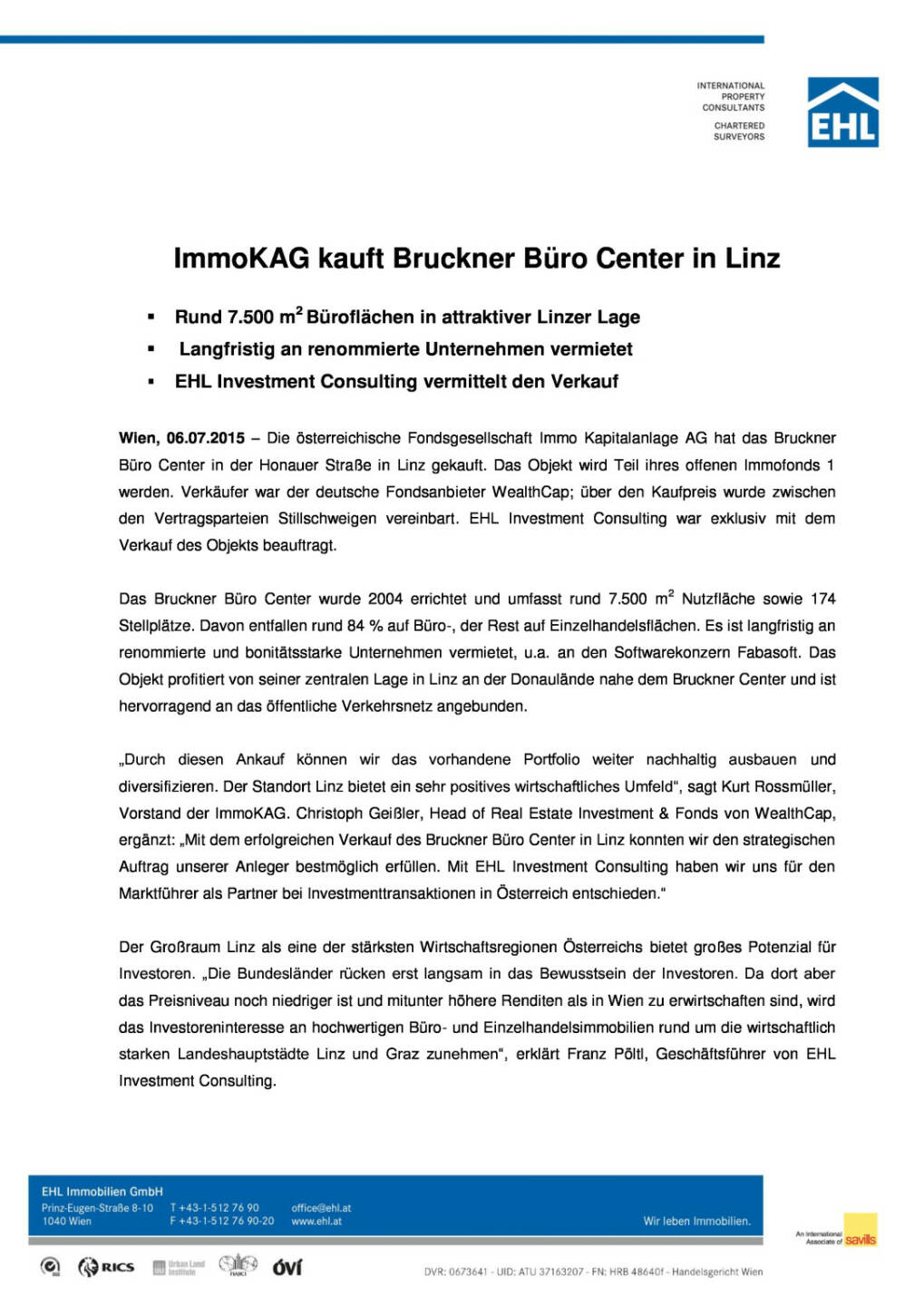 EHL Investment Consulting zum Verkauf des Bruckner Büro Centers in Linz an die ImmoKAG, Seite 1/2, komplettes Dokument unter http://boerse-social.com/static/uploads/file_205_ehl_immo_kag.pdf