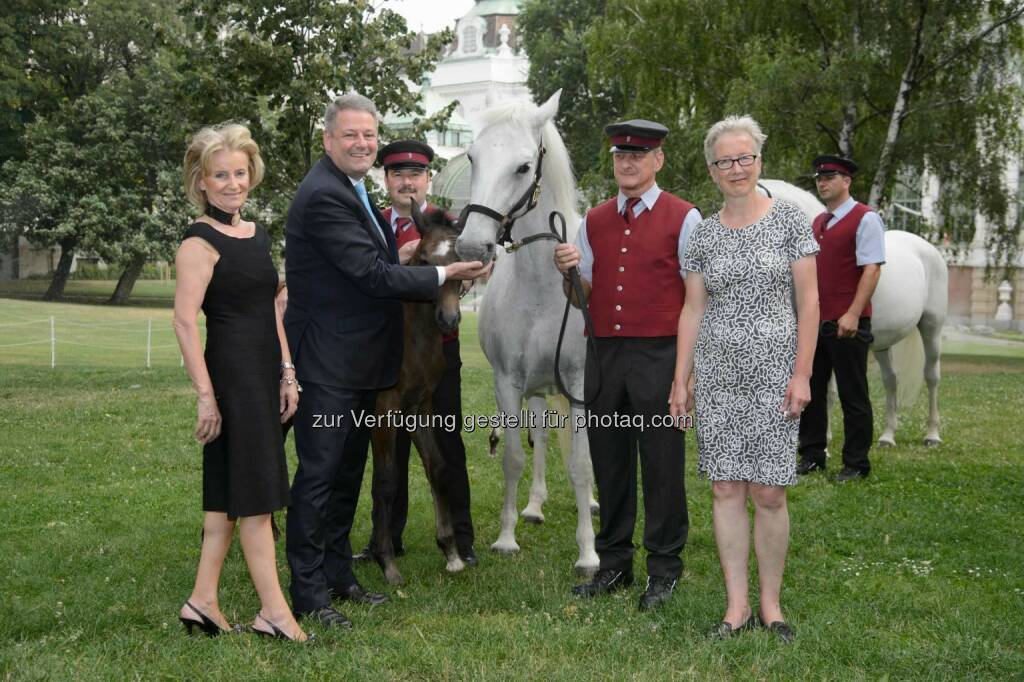 Generaldirektorin Elisabeth Gürtler, Bundesminister Andrä Rupprechter, Direktorin Brigitte Mang: Lipizzaner-Fohlen und -Stuten zu Besuch in Wien (C) Spanische Hofreitschule / RGE Photo
, © Aussender (06.07.2015) 