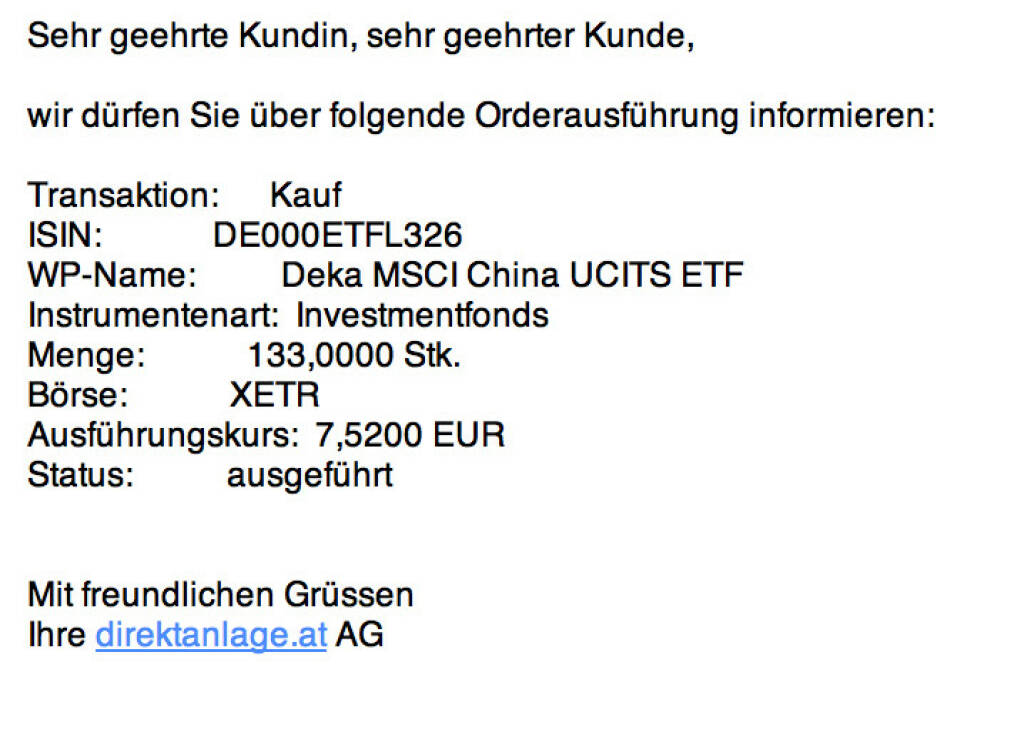 Tag 2: 133 Deka MSCI China UCITS ETF zu 7,52 (13.07.2015) 