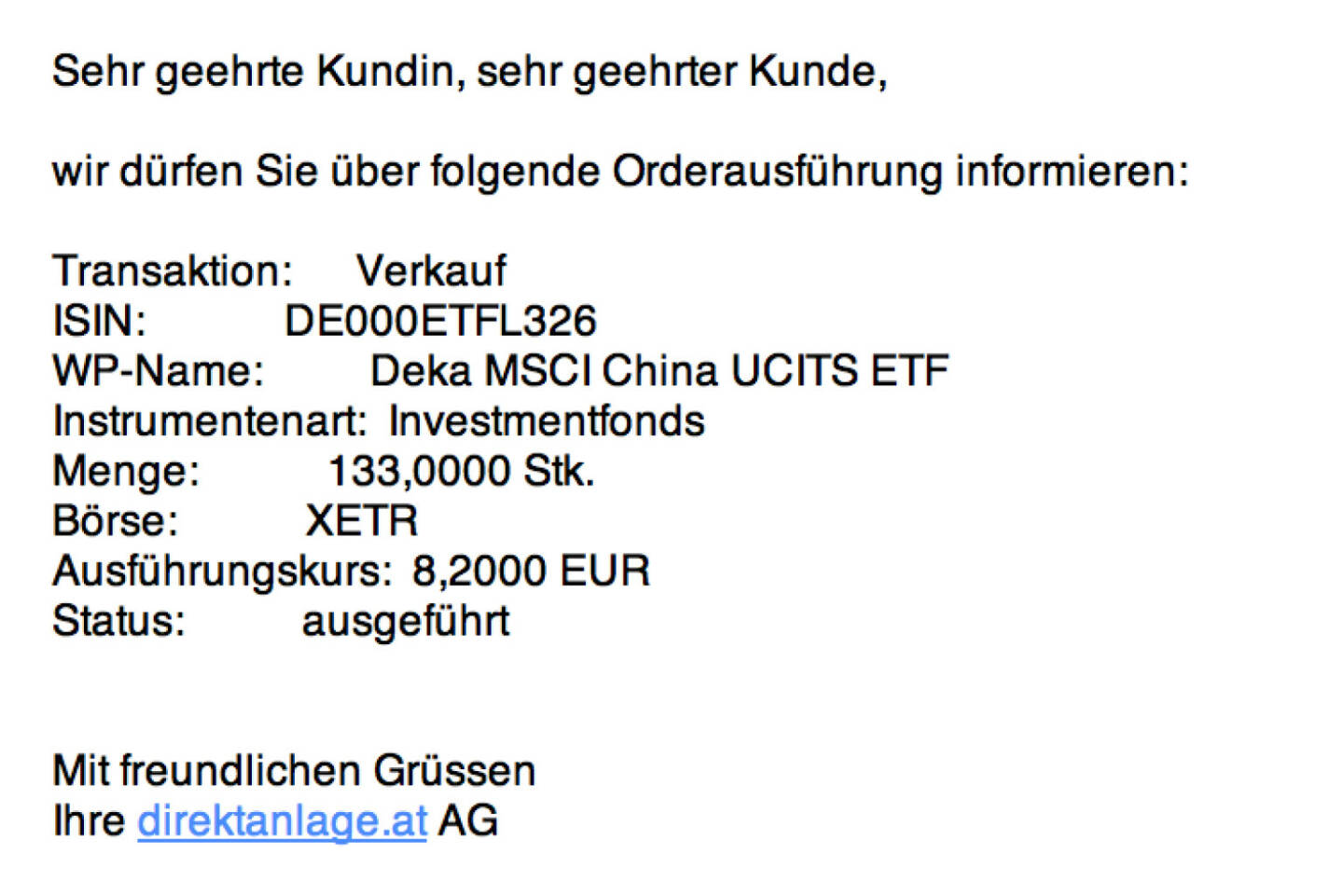 Tag 8/1: Verkauf 133 Deka MSCI China UCITS ETF zu 8,20 