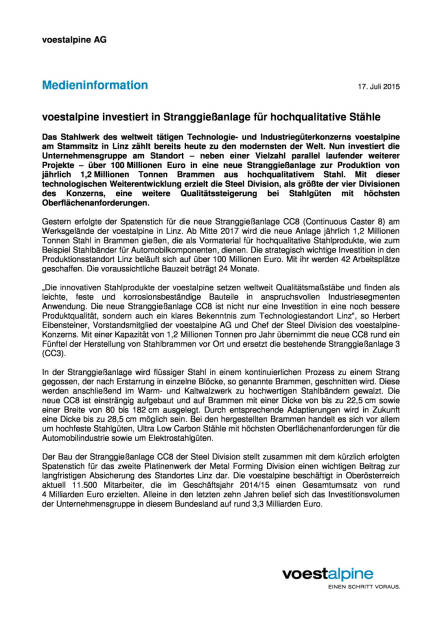 voestalpine investiert in Stranggießanlage für Hochquali-Stahl, Seite 1/2, komplettes Dokument unter http://boerse-social.com/static/uploads/file_235_voestalpine_investiert_in_stranggiessanlage_fur_hochquali-stahl.pdf (17.07.2015) 