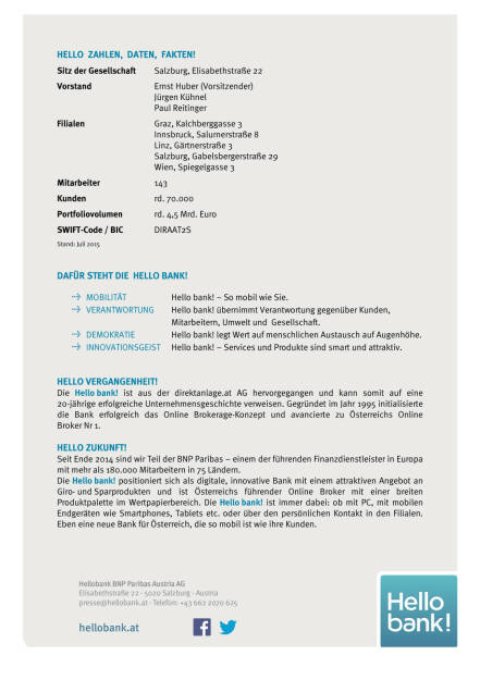 Hello Bank sagt mit Factsheet hallo, Seite 1/1, komplettes Dokument unter http://boerse-social.com/static/uploads/file_236_hello_bank.pdf (20.07.2015) 