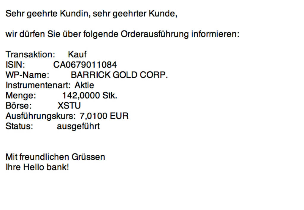 Tag 11: Kauf 142 Barrick Gold zu 7,01 in Stuttgart (21.07.2015) 