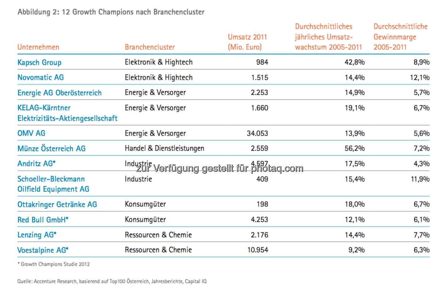 Die Growth Champions unter Österreichs Top100: Grafik Champions nach Branche - die Studie gibt es unter http://www.accenture.com/at-de/Pages/index.aspx zum Download