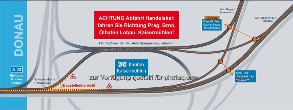 Asfinag : A 23 Praterbrücke – Richtung Süden neue Spurführung ab Montag, 3. August : Ausfahrt Handelskai bis Mitte Oktober nur über Knoten Kaisermühlen erreichbar : (c) asfinag, © Aussendung (28.07.2015) 