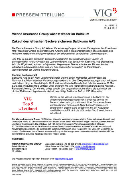 VIG kauft lettischen Sachversicherer AAS, Seite 1/1, komplettes Dokument unter http://boerse-social.com/static/uploads/file_260_vig_kauft_lettischen_sachversicherer_aas.pdf (29.07.2015) 