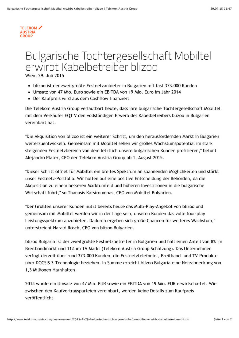 Telekom Austria: Mobiltel erwirbt blizoo, Seite 1/2, komplettes Dokument unter http://boerse-social.com/static/uploads/file_262_telekom_austria_mobiltel_erwirbt_blizoo.pdf