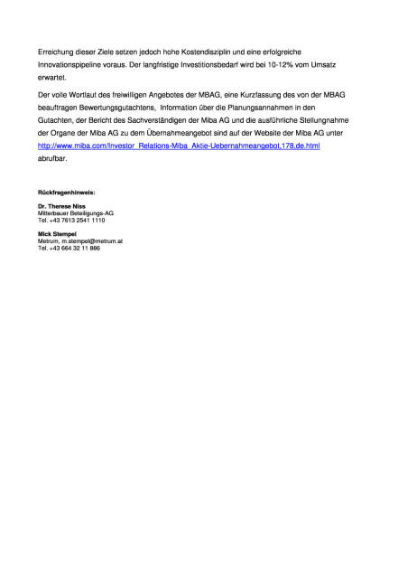 Mitterbauer Beteiligungs-AG startet heute freiwilliges Übernahmeangebot an den Streubesitz der Miba AG, Seite 2/2, komplettes Dokument unter http://boerse-social.com/static/uploads/file_264_mitterbauer_beteiligungs-ag_startet_heute_freiwilliges_ubernahmeangebot_an_den_streubesitz_der_miba_ag.pdf (30.07.2015) 