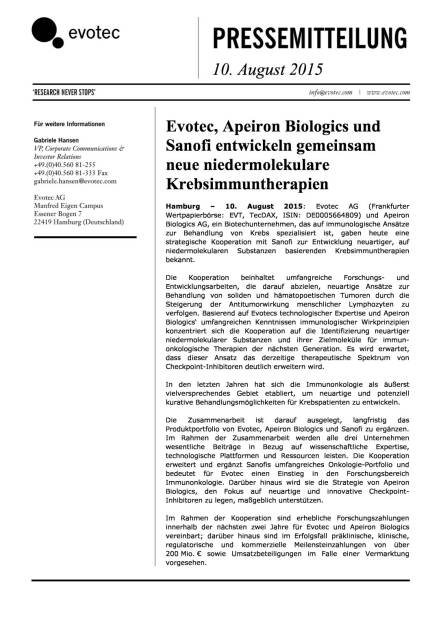 Evotec, Apeiron Biologics und Sanofi: Krebsimmuntherapien, Seite 1/3, komplettes Dokument unter http://boerse-social.com/static/uploads/file_280_evotec_apeiron_biologics_und_sanofi_krebsimmuntherapien.pdf (10.08.2015) 