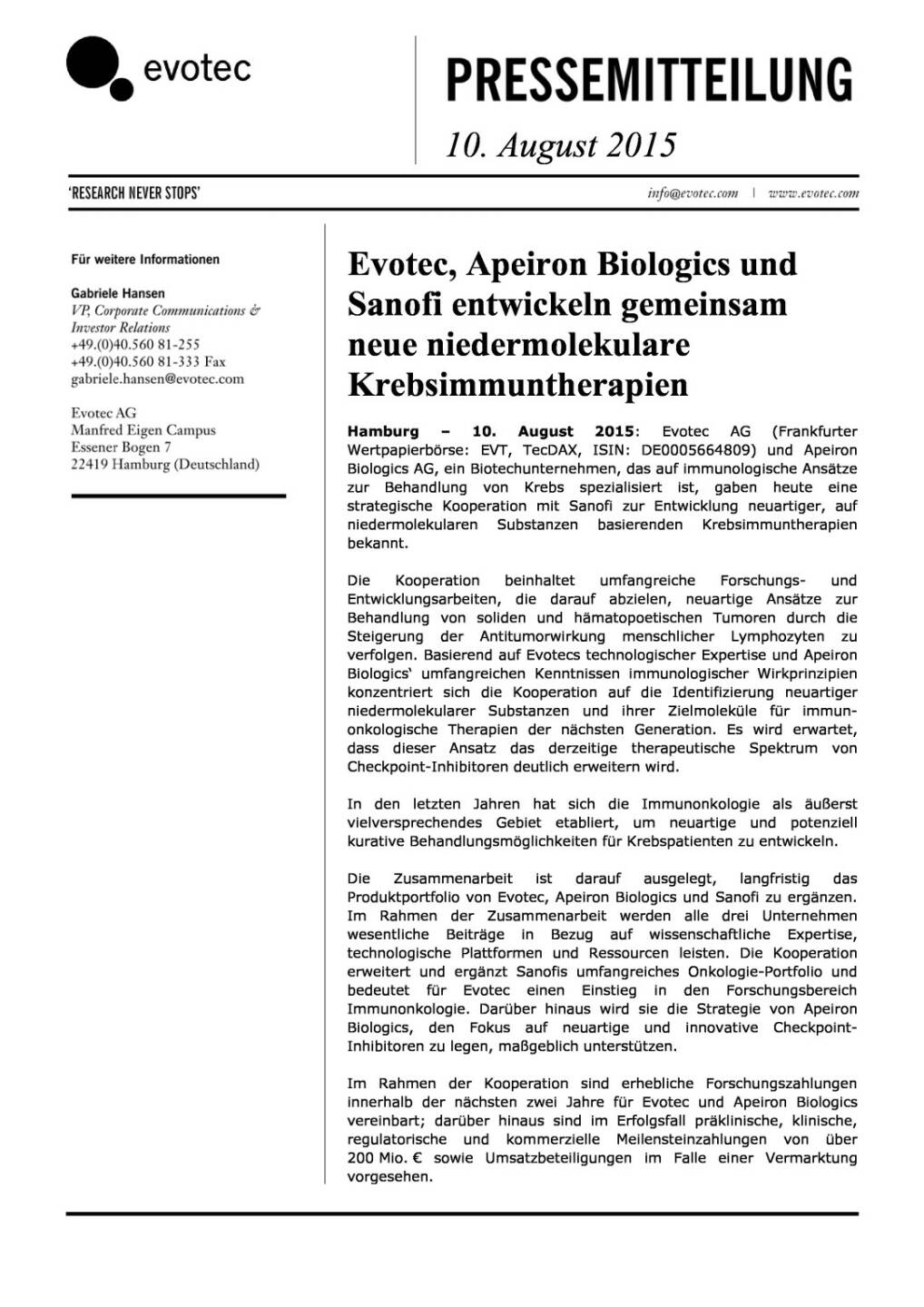 Evotec, Apeiron Biologics und Sanofi: Krebsimmuntherapien, Seite 1/3, komplettes Dokument unter http://boerse-social.com/static/uploads/file_280_evotec_apeiron_biologics_und_sanofi_krebsimmuntherapien.pdf