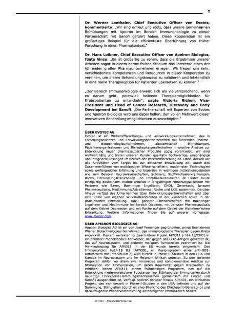 Evotec, Apeiron Biologics und Sanofi: Krebsimmuntherapien, Seite 2/3, komplettes Dokument unter http://boerse-social.com/static/uploads/file_280_evotec_apeiron_biologics_und_sanofi_krebsimmuntherapien.pdf (10.08.2015) 