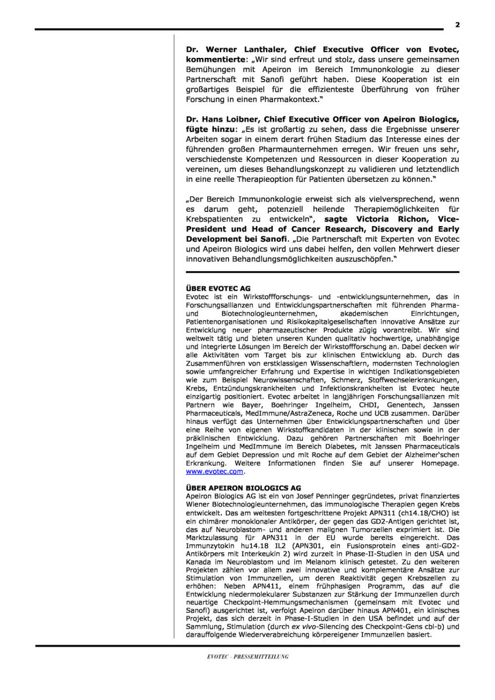 Evotec, Apeiron Biologics und Sanofi: Krebsimmuntherapien, Seite 2/3, komplettes Dokument unter http://boerse-social.com/static/uploads/file_280_evotec_apeiron_biologics_und_sanofi_krebsimmuntherapien.pdf