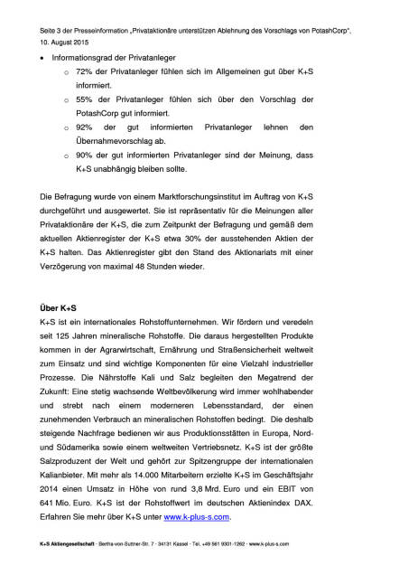 K+S-Aktionärsbefragung: Privataktionäre unterstützen Ablehnung des Potash-Vorschlags, Seite 3/4, komplettes Dokument unter http://boerse-social.com/static/uploads/file_282_ks-aktionarsbefragung_privataktionare_unterstutzen_ablehnung_des_potash-vorschlags.pdf (10.08.2015) 