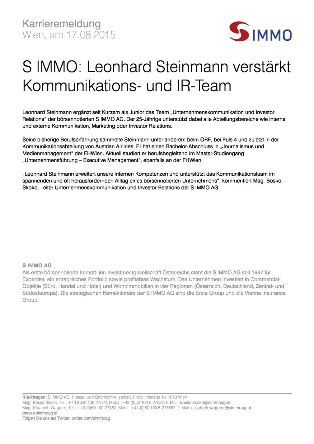 S Immo: Leonhard Steinmann verstärkt Kommunikations- und IR-Team, Seite 1/1, komplettes Dokument unter http://boerse-social.com/static/uploads/file_290_s_immo_leonhard_steinmann_verstarkt_kommunikations-_und_ir-team.pdf