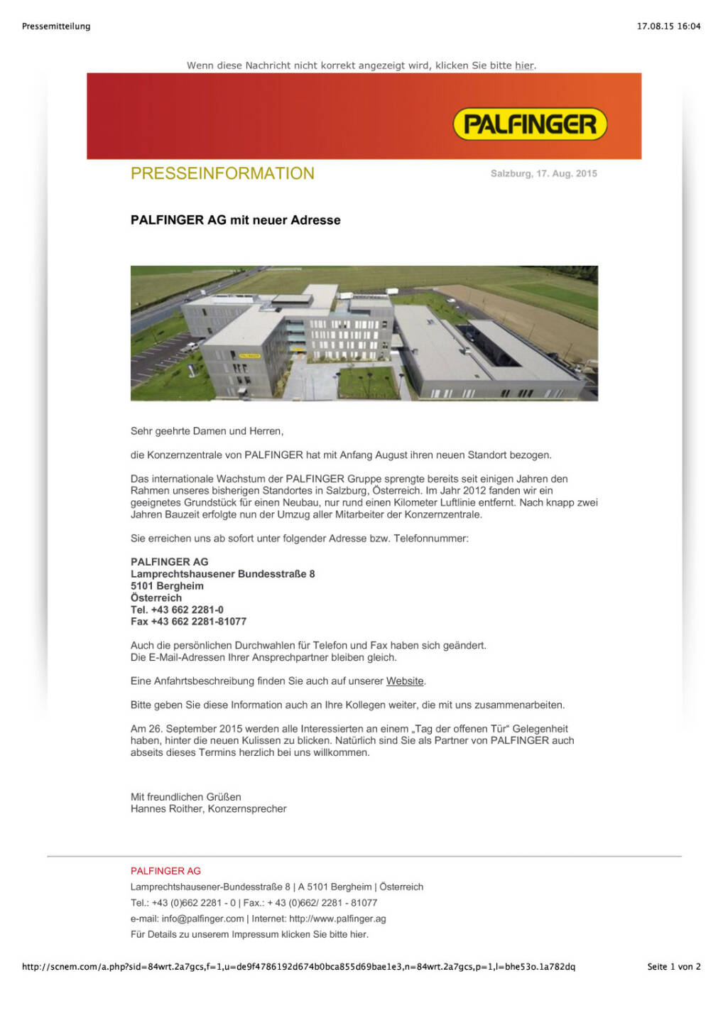 Palfinger AG mit neuer Adresse, Seite 1/2, komplettes Dokument unter http://boerse-social.com/static/uploads/file_292_palfinger_ag_mit_neuer_adresse.pdf