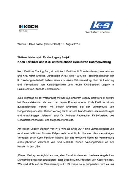 Koch Fertilizer und K+S unterzeichnen Vertrag, Seite 1/3, komplettes Dokument unter http://boerse-social.com/static/uploads/file_294_koch_fertilizer_und_ks_unterzeichnen_vertrag.pdf (18.08.2015) 