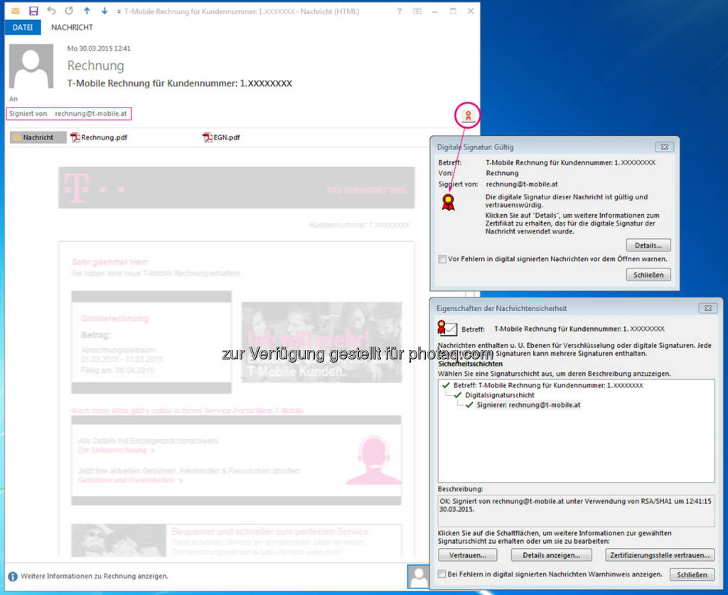 Kampf gegen Phishing: T-Mobile führt Digitale Signatur bei E-Mail-Rechnungen ein : Schutz von Kunden vor immer häufiger auftretenden Phishing-Wellen: E-Mail-Rechnungen für Kunden von T-Mobile und tele.ring digital signiert : © T-Mobile, © Aussender (18.08.2015) 