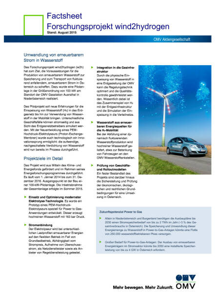OMV: Forschungsprojekt wind2hydrogen, Seite 1/2, komplettes Dokument unter http://boerse-social.com/static/uploads/file_302_omv_forschungsprojekt_wind2hydrogen.pdf (19.08.2015) 