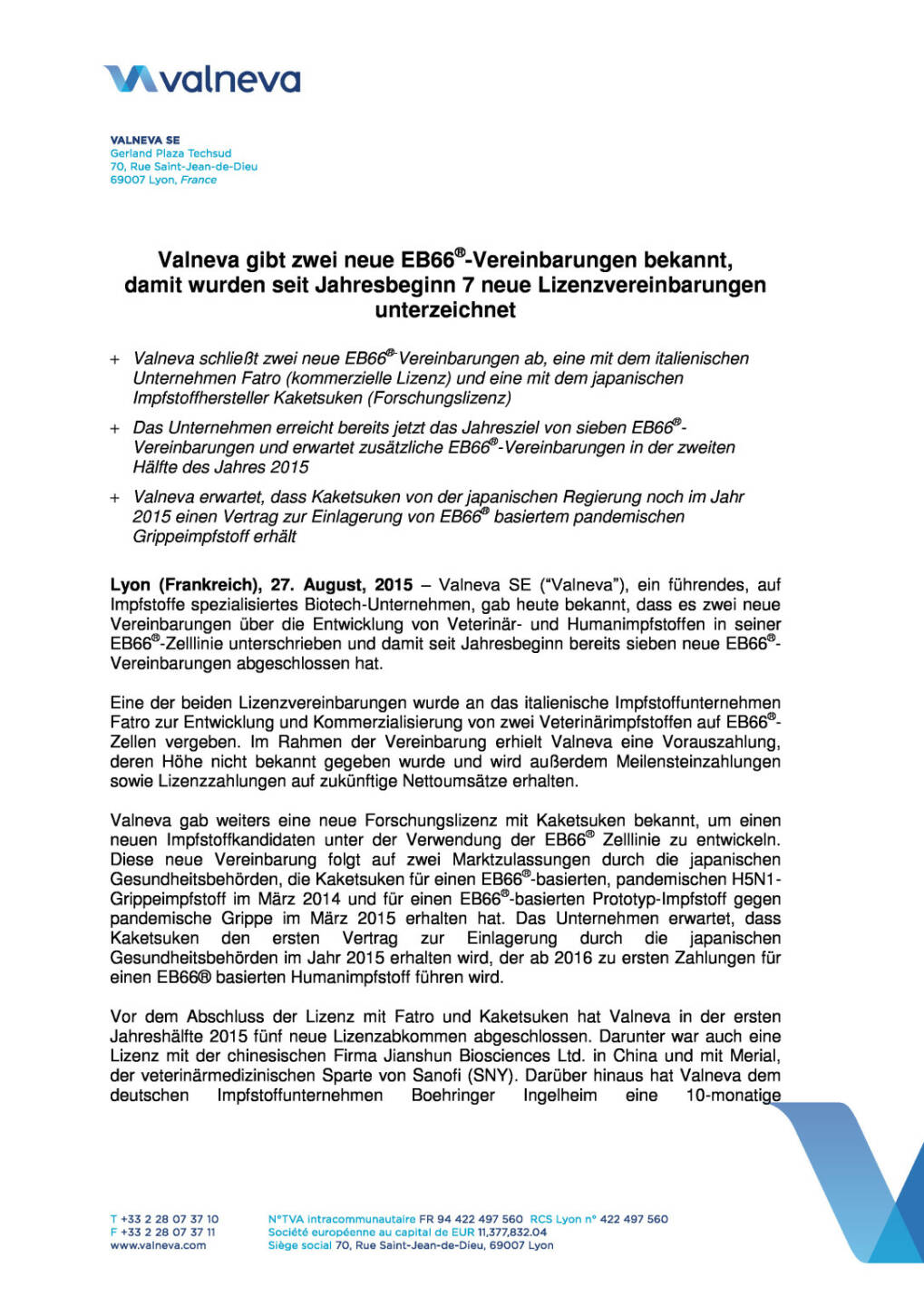 Valneva mit zwei neuen EB66-Vereinbarungen, Seite 1/4, komplettes Dokument unter http://boerse-social.com/static/uploads/file_317_valneva_mit_zwei_neuen_eb66-vereinbarungen.pdf