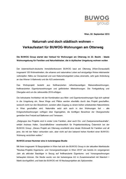 Verkaufsstart für Buwog-Wohnungen am Otterweg, Seite 1/2, komplettes Dokument unter http://boerse-social.com/static/uploads/file_344_verkaufsstart_für_buwog-wohnungen_am_otterweg.pdf (02.09.2015) 