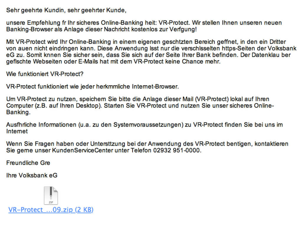 Spam-Opfer Volksbank mit VR-Protect-Fallen-Versuch (08.09.2015) 