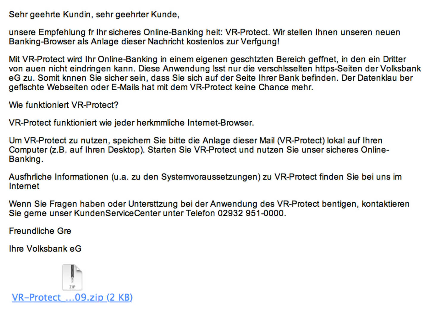 Spam-Opfer Volksbank mit VR-Protect-Fallen-Versuch