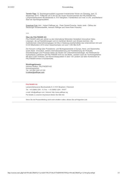 Palfinger: Sportwagenausfahrt für Kinderkrebshilfe, Seite 2/2, komplettes Dokument unter http://boerse-social.com/static/uploads/file_358_palfinger_sportwagenausfahrt_fur_kinderkrebshilfe.pdf (10.09.2015) 