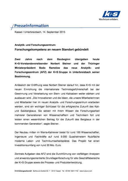 Neues Forschungszentrum der K+S Gruppe, Seite 1/3, komplettes Dokument unter http://boerse-social.com/static/uploads/file_362_neues_forschungszentrum_der_ks_gruppe.pdf (14.09.2015) 