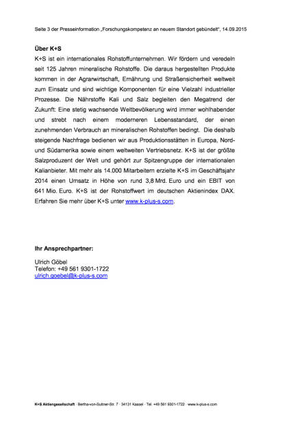 Neues Forschungszentrum der K+S Gruppe, Seite 3/3, komplettes Dokument unter http://boerse-social.com/static/uploads/file_362_neues_forschungszentrum_der_ks_gruppe.pdf (14.09.2015) 