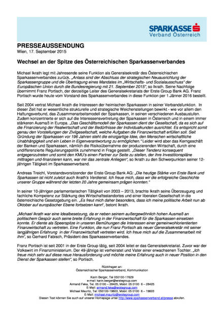 Franz Portisch neu an der Spitze des Österr. Sparkassenverbandes, Seite 1/1, komplettes Dokument unter http://boerse-social.com/static/uploads/file_375_franz_portisch_neu_an_der_spitze_des_osterr_sparkassenverbandes.pdf (17.09.2015) 