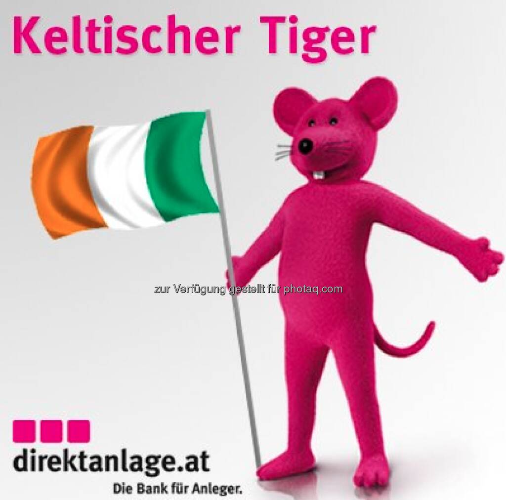 Die direktanlage.at-Maus heisst nun offiziell Ernsti, was auch irgendwie naheliegend ist, wenn man die entscheidenden Personen in der Unternehmensgeschichte kennt. Hier im Sujet Keltischer Tiger, bezogen auf Irland (c) direktanlage.at (21.03.2013) 