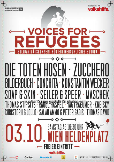 Poster zum großen Solidaritätskonzert am 3. Oktober 2015 : Erich Fenninger, Direktor der Volkshilfe Österreich und Initiator des großen Solidaritätskonzertes : Gemeinsam mit Nova Music konnten wir ein sensationelles Line-up auf die Beine stellen : Freude sich über die große Bereitschaft der vielen MusikerInnen und KünstlerInnen, dem Anliegen der Volkshilfe eine Stimme zu verleihen, wie z.B. „Die Toten Hosen“ : Fotocredit: Volkshilfe Österreich / Nova Music, © Aussender (18.09.2015) 