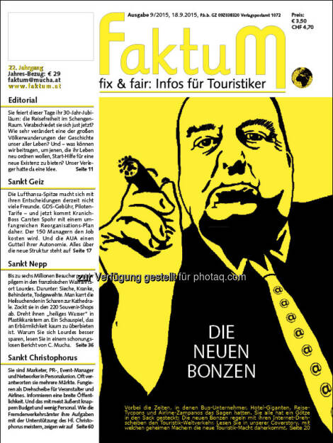 Cover FaktuM 9/2015 : Die neuen Bonzen : Coverstory: Die Mächtigen der Reisebranche © Mucha Verlag, © Aussender (19.09.2015) 