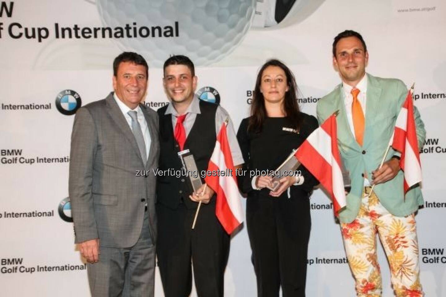 Kurt Egloff (BMW Group Austria Geschäftsführer), Alexander Pessl, Kathrin Klaus, Michael Kobliha : Die Sieger beim österreichischen Landesfinale des BMW Golf Cups International 2015 : © BMW Group