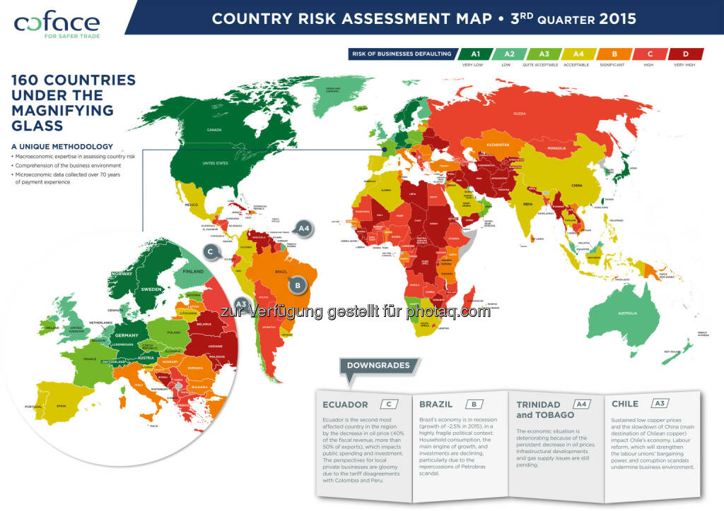 Coface Country Risk Map Sept. 2015 : Coface aktualisiert Länderbewertungen : Große und kleine Schwellenländer in starken Turbulenzen : Das weltweite Wirtschaftswachstum erholt sich weiterhin, dennoch wird die Steigungsrate das vierte Jahr in Folge die Drei-Prozent-Marke nicht überschreiten : © coface, © Aussender (23.09.2015) 