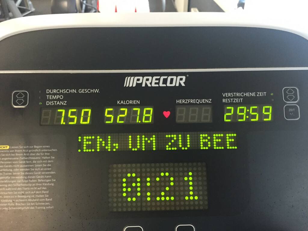 7,5 Kilometer am Laufband in 29:59 (27.09.2015)